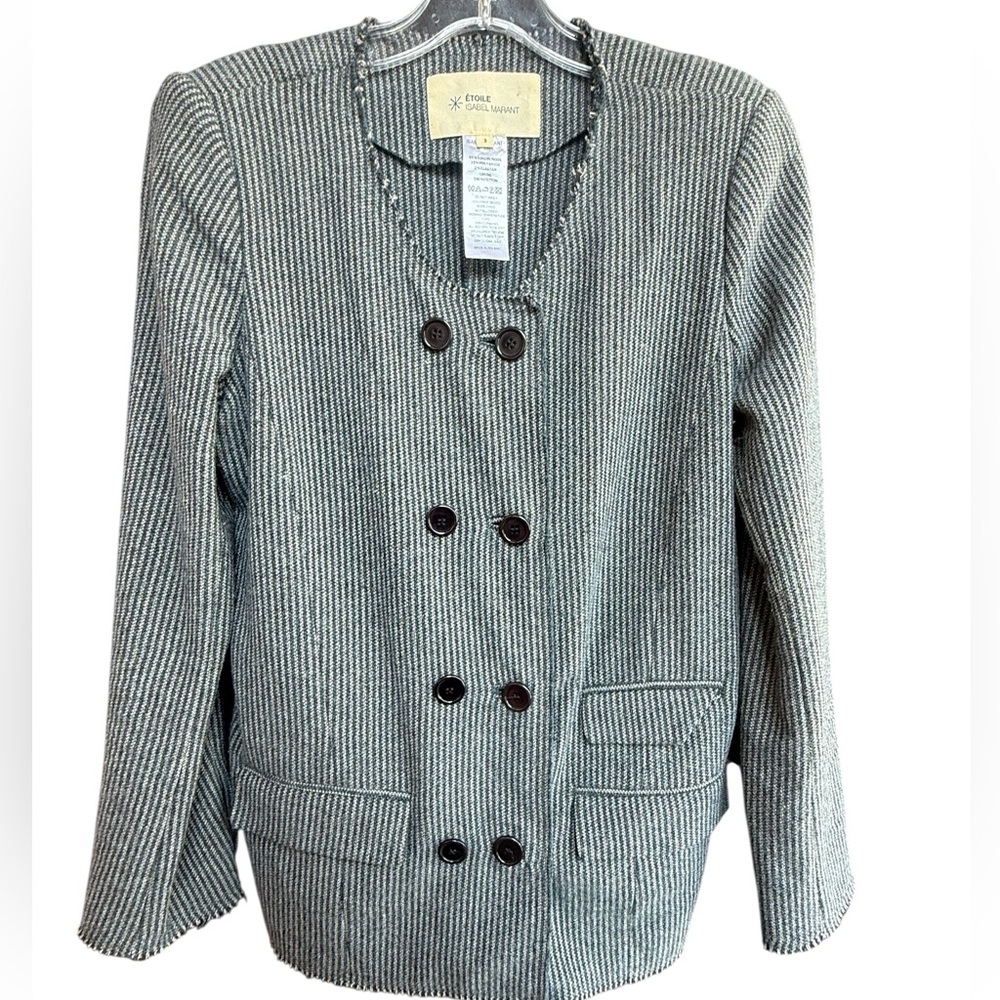 Isabel Marat Etoile grey & black striped raw edge dbl breast collarless jacket 3